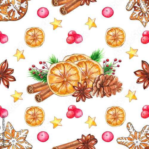 Watercolor Christmas seamless pattern with spices.
