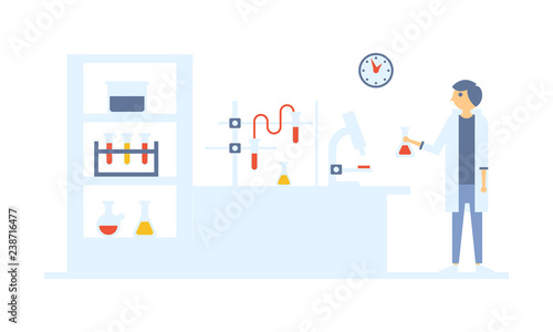 Scientists at work in a chemical laboratory, biological, chemical or biotechnological research process vector Illustration