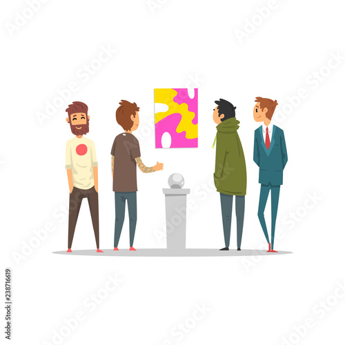Men looking at abstract painting hanging on the wall, gallery of modern art with visitors vector Illustration on a white background