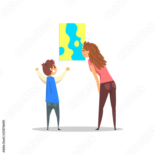 Young woman and boy looking at abstract painting hanging on the wall, gallery of modern art with visitors vector Illustration