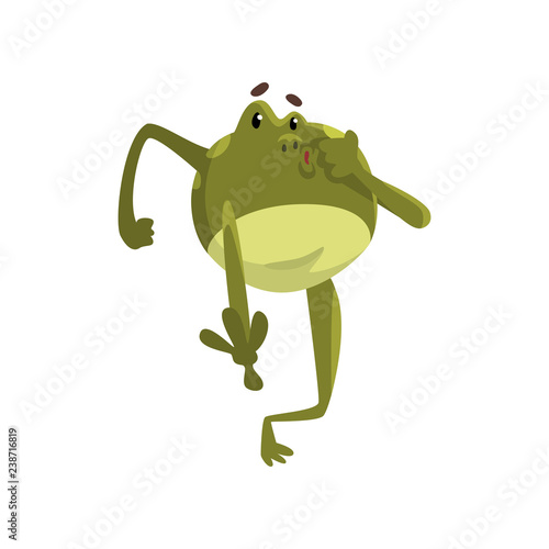 Green funny frog amfibian animal cartoon character vector Illustration on a white background