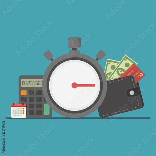 The concept of managing your time and money. Time is money or time to pay. Financial planning, deadline and time management, payment day. Vector illustration.