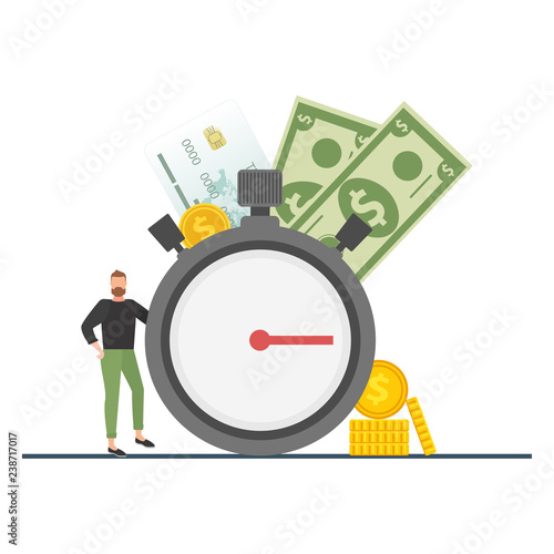The concept of managing your time and money. Time is money or time to pay. Financial planning, deadline and time management, payment day. Vector illustration.