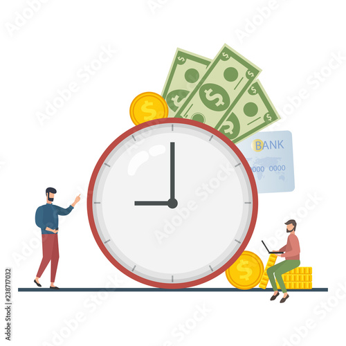 The concept of managing your time and money. Time is money or time to pay. Financial planning, deadline and time management, payment day. Vector illustration.