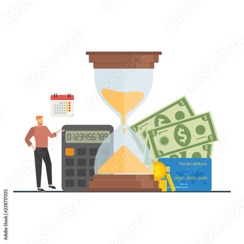 The concept of managing your time and money. Time is money or time to pay. Financial planning, deadline and time management, payment day. Vector illustration.