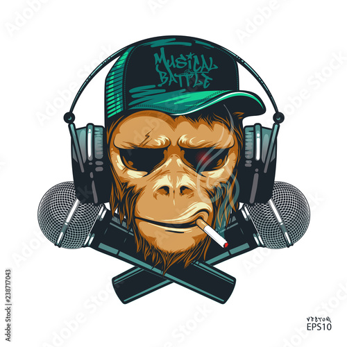 Hipster monkey is a music lover with earphones and two microphones. Musical battle