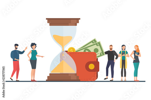 The concept of managing your time and money. Time is money or time to pay. Financial planning, deadline and time management, payment day. Vector illustration.