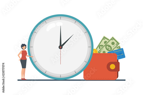 The concept of managing your time and money. Time is money or time to pay. Financial planning, deadline and time management, payment day. Vector illustration.