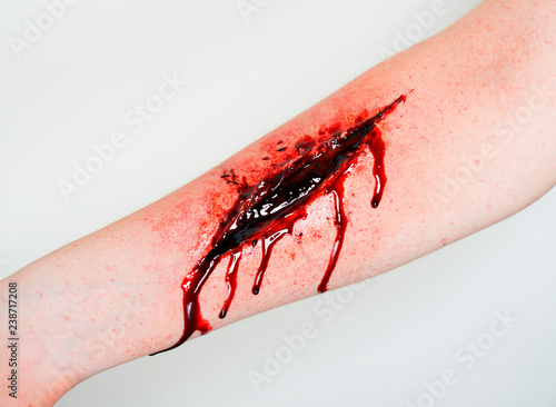 Fotografie, Obraz cut wound blood on hand cut sutsyd vein professional makeup flows blood