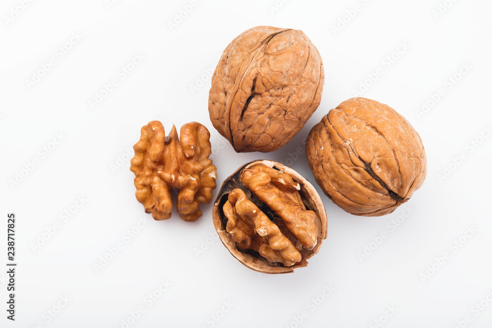 Food: Top View of Walnut Isolated on White Background Shot in Studio Food: Top View of Walnut Isolated on White Background Shot in Studio