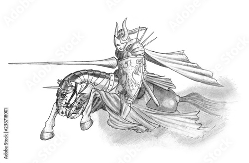Fotografija Black and white pencil drawing of medieval or fantasy knight riding or charging on horse with jousting lance and shield