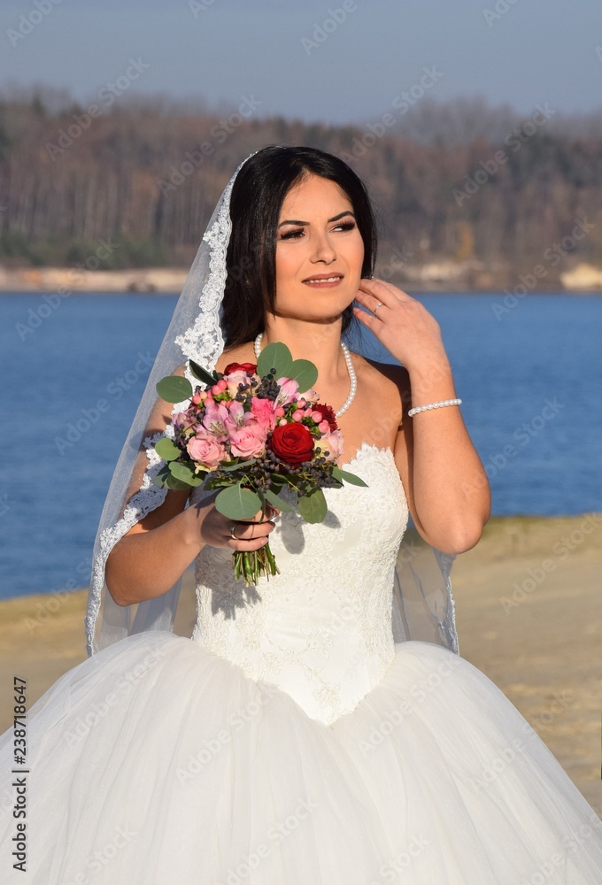 Wunderschöne Braut in einem weißen Brautkleid, Schleier, und Blumenstrauß an einem Strand bei blauem Himmel im Sommer Wunderschöne Braut in einem weißen Brautkleid, Schleier, und Blumenstrauß an einem Strand bei blauem Himmel im Sommer