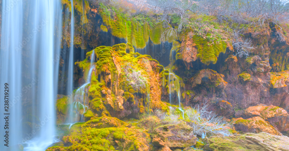 Plakat Amazing view of natural Yerkopru waterfall with crystal clear water among green mosses - Mersin, Turkey