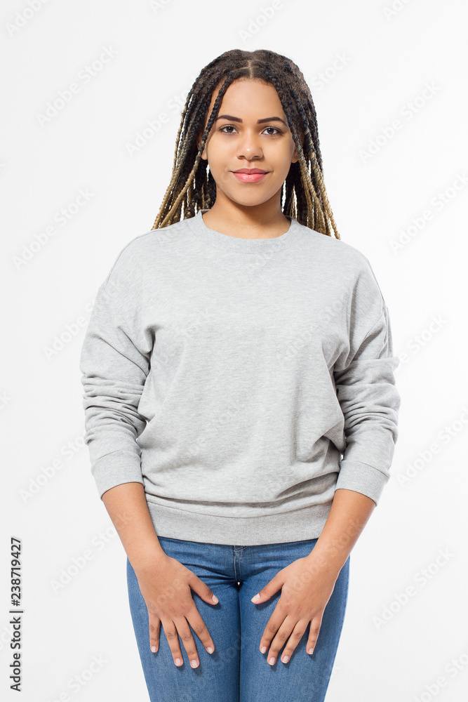 African american girl in template blank sweatshirt isolated on white background. Front pullover view. Copy space and mock up. Place for adverising African american girl in template blank sweatshirt isolated on white background. Front pullover view. Copy space and mock up. Place for adverising