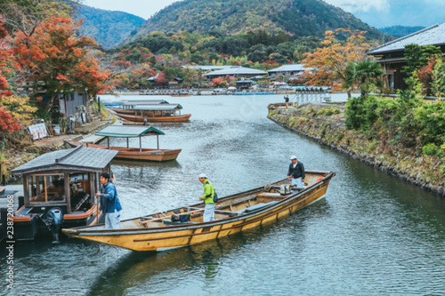 November 19, 2018: Beautiful the river and boat  in Arashiyama Kyoto Japan in autumn season ..