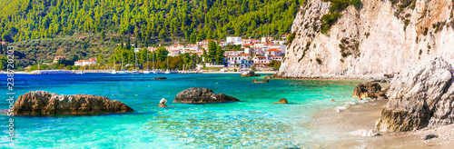 Best of Skopelos island - picturesque village Neo Klima and Hovolos beach. Sporades, Greece photo