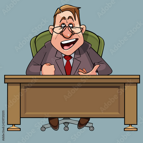 cartoon male director in a suit says sitting at the table
