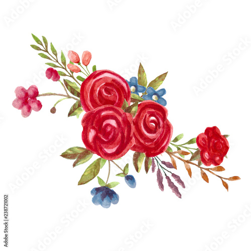 Watercolor floral bouquet with red roses. Hand painted flowers illustrarion.