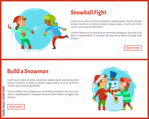 Build Snowman and Snowball Fights Postcards Vector