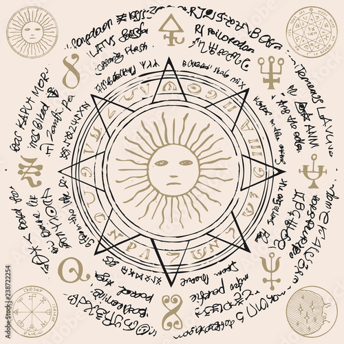 Illustration of the sun in an octagonal star with magical inscriptions and symbols on the beige background. Vector banner with old manuscript in retro style written in a circle.