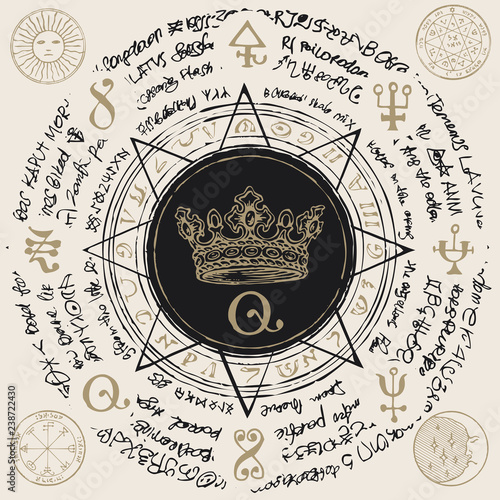 Illustration of a crown inside an octagonal star with handwritten magic inscriptions and symbols. Vector banner with an old manuscript in retro style written in a circle.