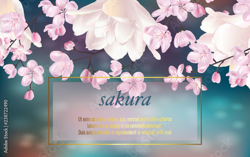 Vector banner with Cherry Blossom and tulips for invitation, sales, packaging, cosmetics, perfume. Space for text.
