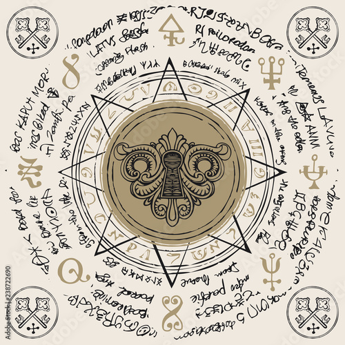 Illustration of a keyhole inside an octagonal star with handwritten magic inscriptions and symbols. Vector banner with an old manuscript in retro style written in a circle.
