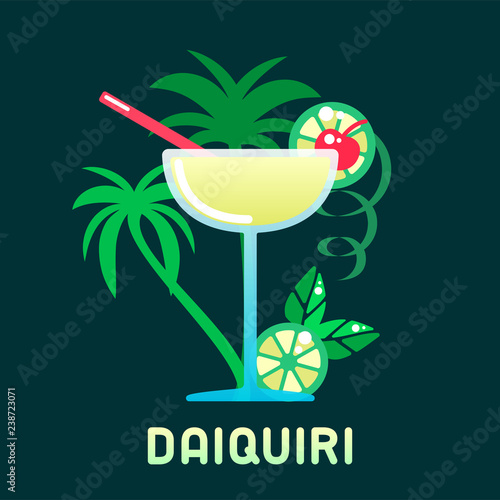 Alcohol cocktail daiquiri with decorations and name. Flat style vector illustration. Suitable for advertising, applications, menu design or web