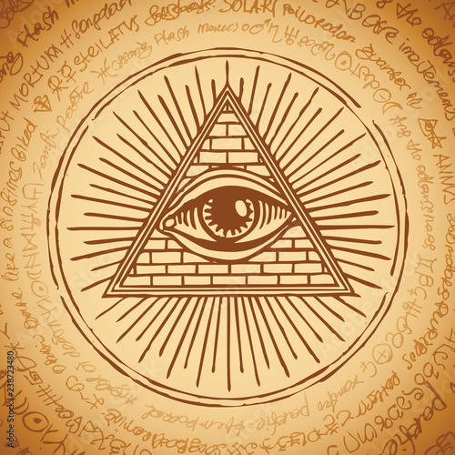 Vector banner with Eye of Providence. All-seeing eye inside triangle pyramid. Symbol Omniscience. Luminous Delta. Ancient mystical sacral illuminati symbol on background of an old illegible manuscript