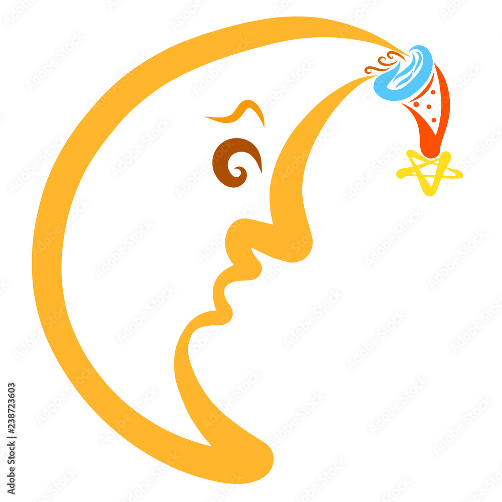 Fototapeta premium Funny moon in a festive hat with a star, colorful pattern