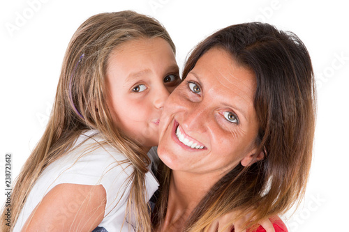 Loving mother and her daughter child girl kissing and hugging on white background