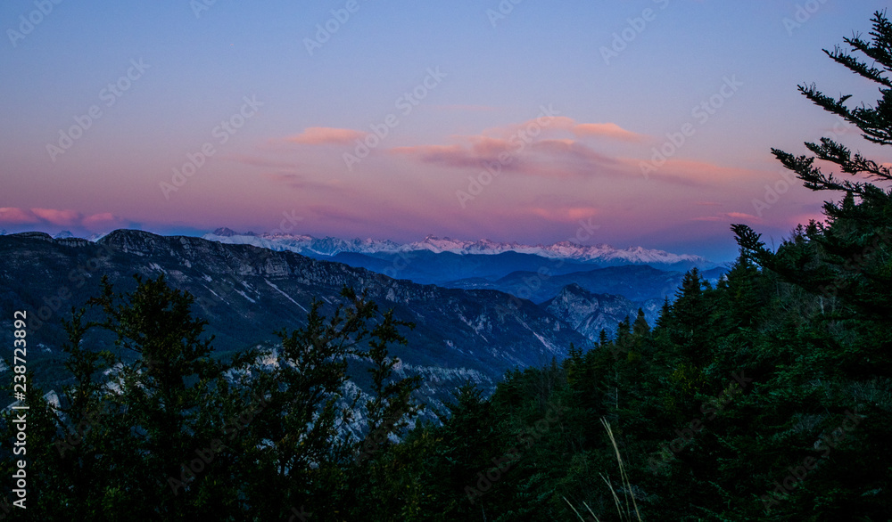 sunset on French Alps mountain range
