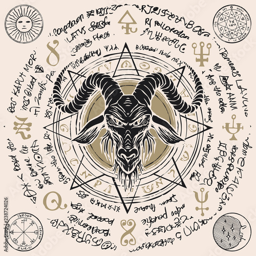 Vector banner with illustration of the head of a horned goat and octagonal star inscribed in a circle. The symbol of Satanism Baphomet on the background of old manuscript written in a circle