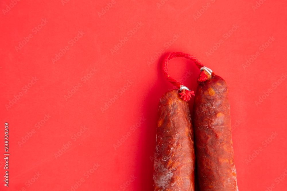 Food from spain, chorizo sausage slices or salami pepperoni