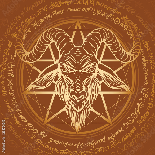 Vector banner with illustration of the head of a horned goat and pentagram inscribed in a circle. The symbol of Satanism Baphomet on the background of old manuscript written in a circle in retro style