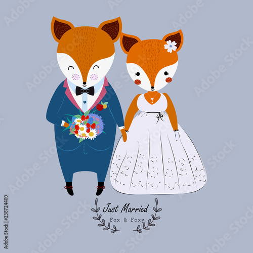 Cute wedding couple fox in wedding dress and flower bouquet,just married