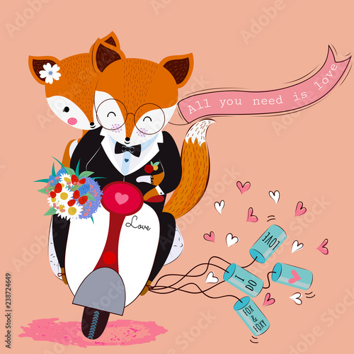 Cute valentine fox and foxy couple in love with flower bouquet on the scooter,all you need is love