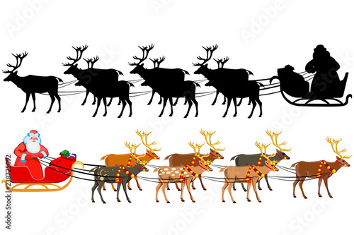 Santa Claus on a sleigh with reindeer, with a handful of gifts. Silhouette of santa claus.