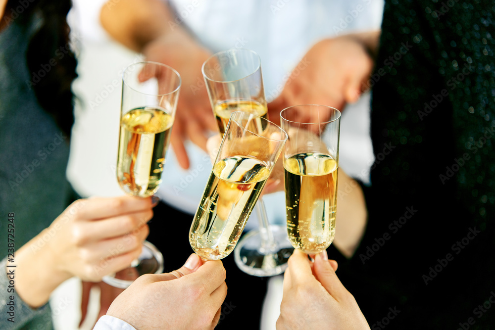 Celebration. Hands holding the glasses of champagne and wine making a toast. The party, alcohol, lifestyle, friendship, holiday, christmas, new, year and clinking concept Celebration. Hands holding the glasses of champagne and wine making a toast. The party, alcohol, lifestyle, friendship, holiday, christmas, new, year and clinking concept