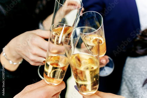 Celebration. Hands holding the glasses of champagne and wine making a toast. The party, alcohol, lifestyle, friendship, holiday, christmas, new, year and clinking concept