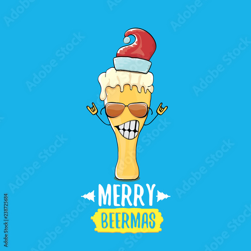 Merry beermas vector comic christmas greeting card with beer glass cartoon character and red santa hat isolated on blue background. Vector adult christmas beer party poster design template