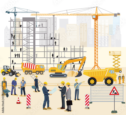 Transport und Arbeitskräfte auf der Baustelle. Illustration