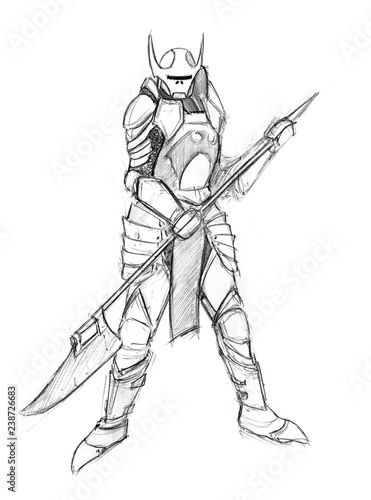 Black and white rough grunge pencil sketch of evil warrior knight. Concept art drawing.