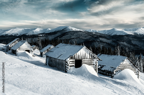 mountains, winter and cabins