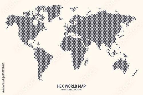 Hex World Map Vector Isolated on Light Background. Hexagonal Halftone Global Geographical Atlas