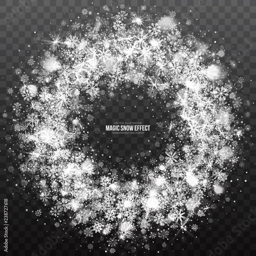 Vector Magic Christmas Snow Circle Frame with Realistic Bright Silver Snowflakes and Lights Overlay on Transparent Background. Merry Xmas and Happy New Year Holidays Abstract Illustration