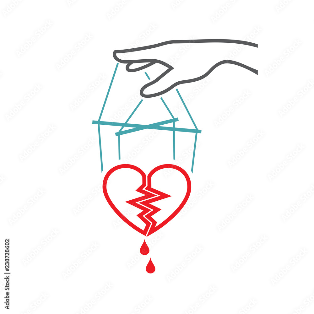 The vector picture the split heart with blood drops on threads in someone's hand. Set of vector icons. The broken love and manipulations. Flat design. Monohrome The vector picture the split heart with blood drops on threads in someone's hand. Set of vector icons. The broken love and manipulations. Flat design. Monohrome