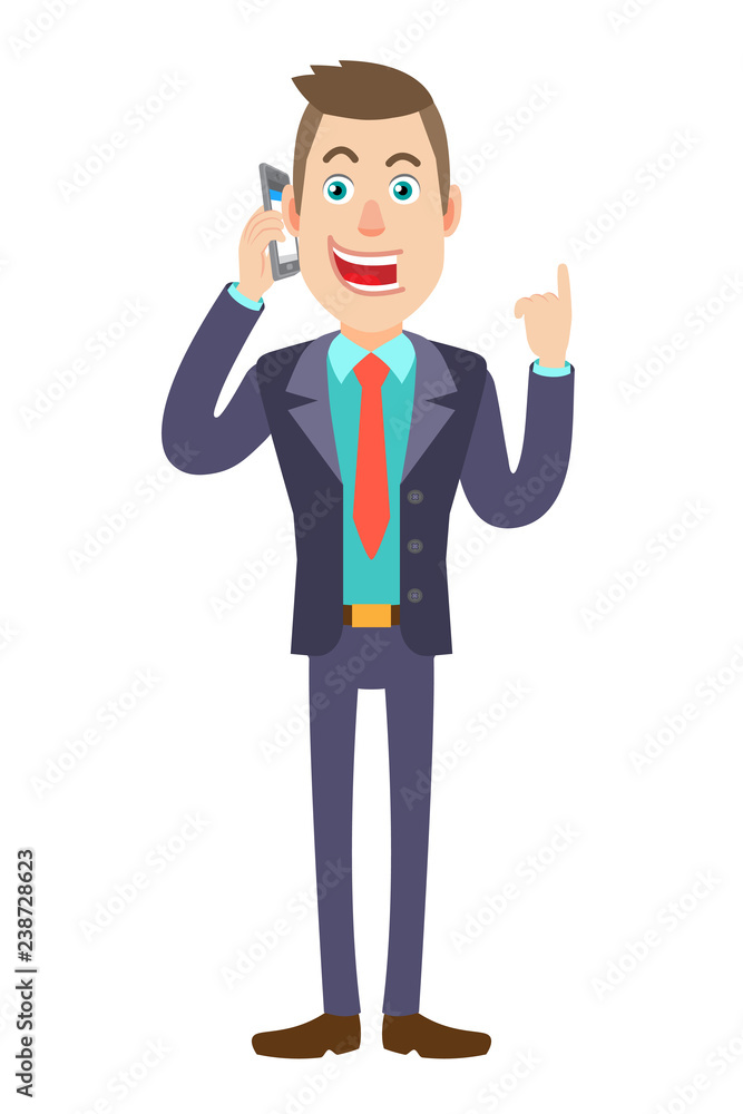 Businessman talking on mobile phone and pointing up Businessman talking on mobile phone and pointing up