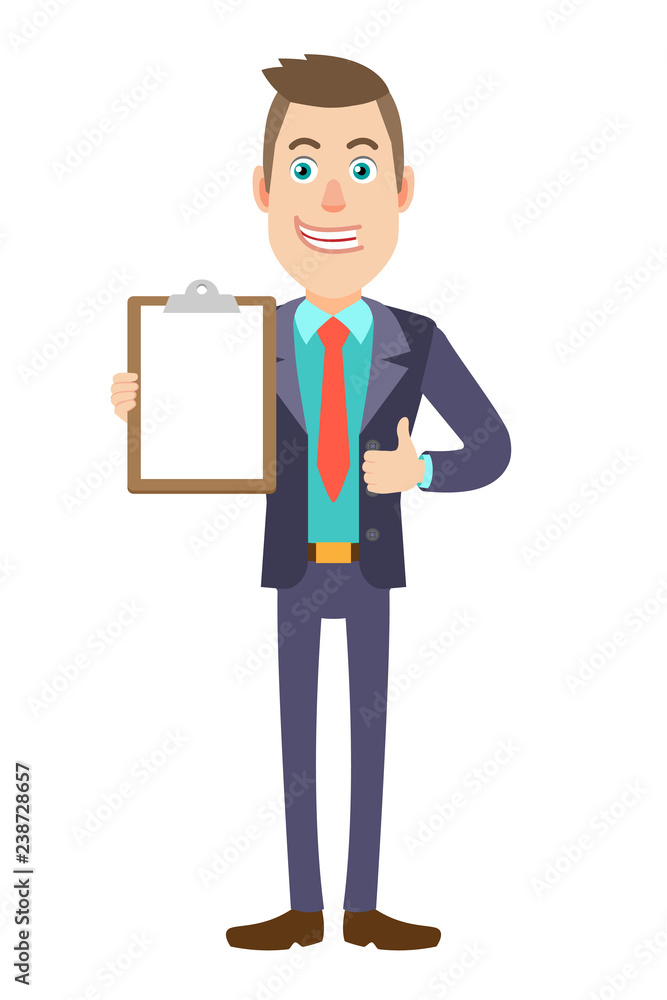 Businessman holding clipboard and showing thumb up