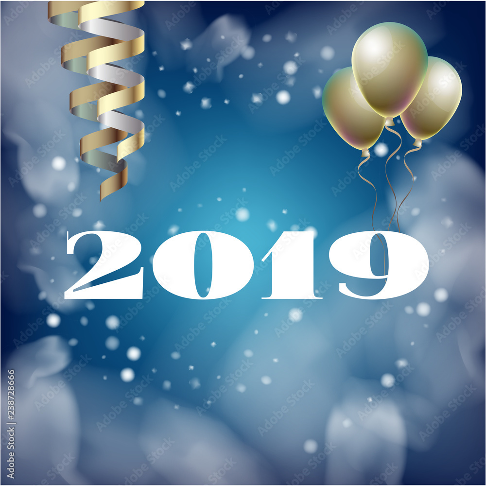 2019 New Year, Christmas Vector Card with Snow on Blue. Heavy Snowfall, Snowflakes Square Gift Voucher or Celebration Background. Holiday Decoration Template. Cool 2019 New Year Card on Blue.